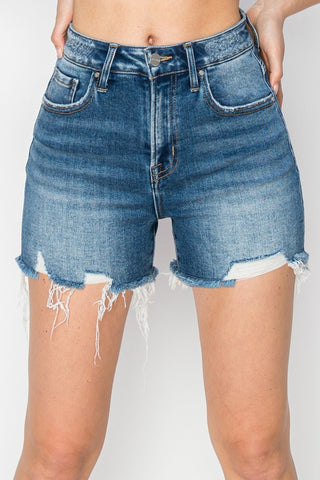 Shop RISEN High Rise Raw Hem Distressed Denim Shorts - High-Quality U.S. Made Women’s Fashion with Free & Fast Shipping