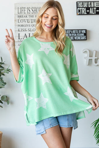 Shop Light Green HOPELY Star Pattern Oversized Waffle T-Shirt - High-Quality U.S. Made Women’s Fashion with Free & Fast Shipping