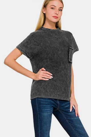 Shop Zenana Pocketed Mock Neck Short Sleeve Sweater - High-Quality U.S. Made Women’s Fashion with Free & Fast Shipping