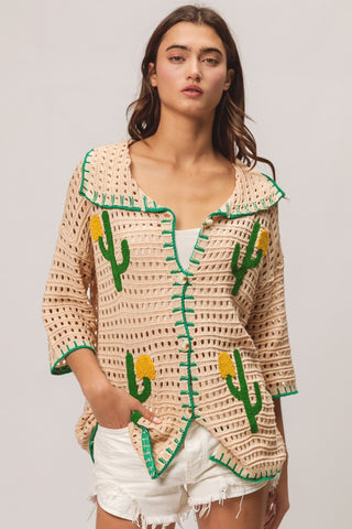 Shop Oatmeal Green BiBi Edge Stitched Cactus Patch Sweater Cardigan - High-Quality U.S. Made Women’s Fashion with Free & Fast Shipping