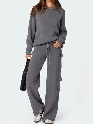 Shop Dark Gray One Size Long Sleeve Hooded Top and Pants Sweater Set - High-Quality U.S. Made Women’s Fashion with Free & Fast Shipping