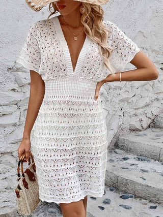 Shop Openwork Plunge Short Sleeve Cover-Up Dress - High-Quality U.S. Made Women’s Fashion with Free & Fast Shipping