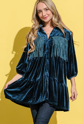 Shop Teal And The Why Fringe Detailed Velvet Shirt Dress - High-Quality U.S. Made Women’s Fashion with Free & Fast Shipping