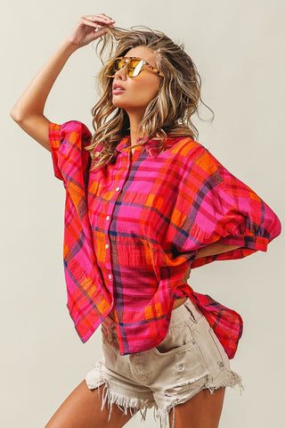 Shop BiBi Button Up Dolman Sleeve Plaid Shirt - High-Quality U.S. Made Women’s Fashion with Free & Fast Shipping