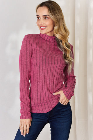 Shop Hot Pink Basic Bae Full Size Ribbed Mock Neck Long Sleeve T-Shirt - High-Quality U.S. Made Women’s Fashion with Free & Fast Shipping