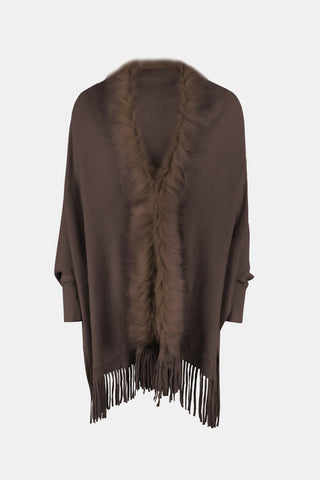 Shop Fringe Open Front Long Sleeve Poncho - High-Quality U.S. Made Women’s Fashion with Free Fast Shipping