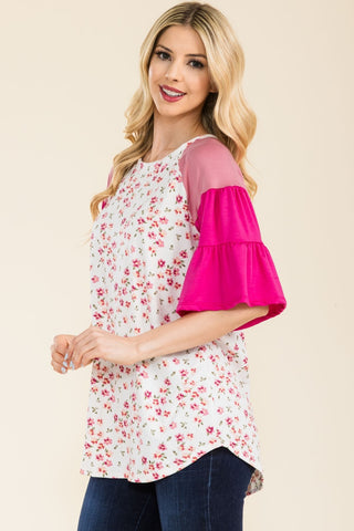 Shop Celeste Full Size Floral Contrast Bell Sleeve Top - High-Quality U.S. Made Women’s Fashion with Free & Fast Shipping