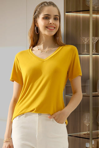 Shop MUSTARD Ninexis Full Size V-Neck Short Sleeve T-Shirt - High-Quality U.S. Made Women’s Fashion with Free & Fast Shipping