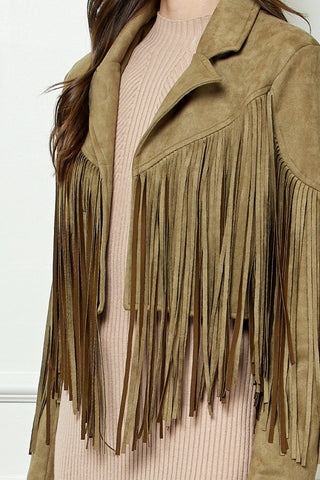 Shop Veveret Suede Fringe Long Sleeve Moto Jacket - High-Quality U.S. Made Women’s Fashion with Free & Fast Shipping