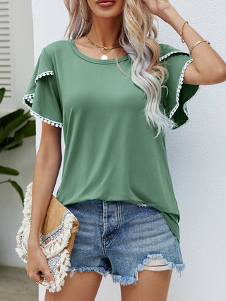 Shop Pom-Pom Trim Flutter Sleeve Round Neck T-Shirt - High-Quality U.S. Made Women’s Fashion with Free & Fast Shipping