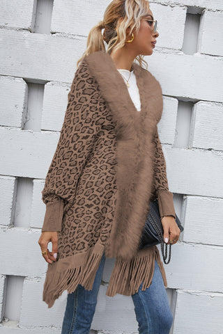 Shop Leopard Fringe Detail Poncho - High-Quality U.S. Made Women’s Fashion with Free Fast Shipping