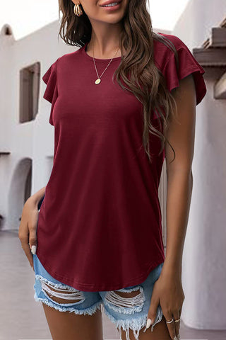 Shop Burgundy Ruffled Round Neck Cap Sleeve Blouse - High-Quality U.S. Made Women’s Fashion with Free & Fast Shipping