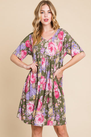 Shop BOMBOM Flower Print V-Neck Ruched Dress - High-Quality U.S. Made Women’s Fashion with Free & Fast Shipping