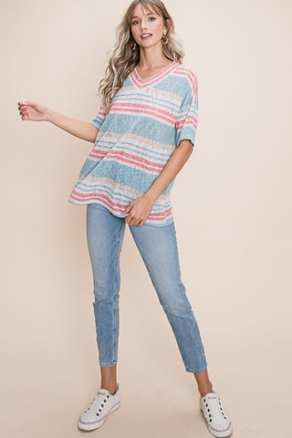 Shop BOMBOM V-Neck Striped Knit Top - High-Quality U.S. Made Women’s Fashion with Free & Fast Shipping