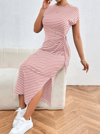 Shop Honey Tied Striped Round Neck Short Sleeve Tee Dress - High-Quality U.S. Made Women’s Fashion with Free Fast Shipping