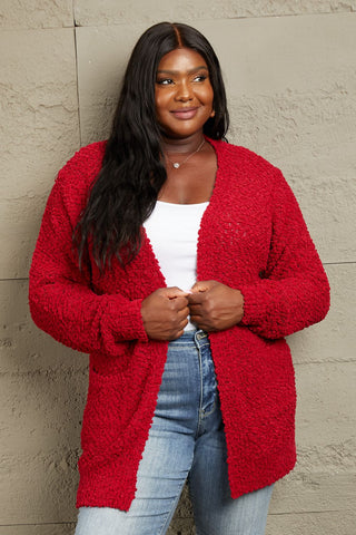 Shop Red Zenana Falling For You Full Size Open Front Popcorn Cardigan - High-Quality U.S. Made Women’s Fashion with Free & Fast Shipping