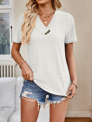 Shop Lovelet Eyelet V-Neck Short Sleeve Top - High-Quality U.S. Made Women’s Fashion with Free & Fast Shipping