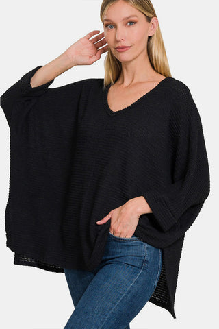 Shop Black Zenana Full Size Waffle Knit V-Neck Long Sleeve Slit Top - High-Quality U.S. Made Women’s Fashion with Free & Fast Shipping