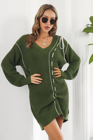 Shop Contrast V-Neck Sweater Dress - High-Quality U.S. Made Women’s Fashion with Free Fast Shipping