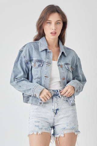 Shop RISEN Full Size Button Down Cropped Denim Jacket - High-Quality U.S. Made Women’s Fashion with Free & Fast Shipping