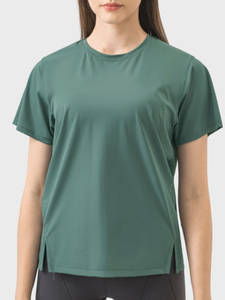 Shop Dark Green Millennia Slit Round Neck Short Sleeve Active T-Shirt - High-Quality U.S. Made Women’s Fashion with Free & Fast Shipping