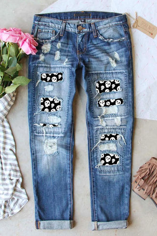 Shop Medium Distressed Skeleton Pattern Jeans with Pockets - High-Quality U.S. Made Women’s Fashion with Free & Fast Shipping