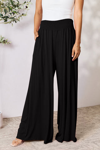 Shop Black Double Take Full Size Smocked Wide Waistband Wide Leg Pants - High-Quality U.S. Made Women’s Fashion with Free & Fast Shipping