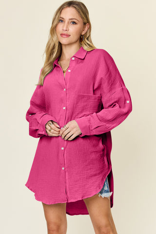 Shop Double Take Full Size Pocketed Texture Button Up Shirt - High-Quality U.S. Made Women’s Fashion with Free & Fast Shipping