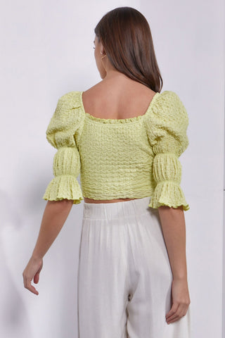 Shop Mustard Seed Crinkle Texture Puff Sleeve Crop Top - High-Quality U.S. Made Women’s Fashion with Free & Fast Shipping