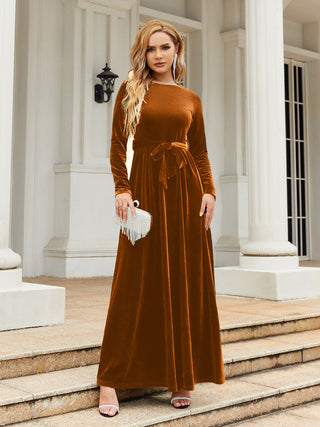 Shop Caramel Tie Front Round Neck Long Sleeve Maxi Dress - High-Quality U.S. Made Women’s Fashion with Free & Fast Shipping