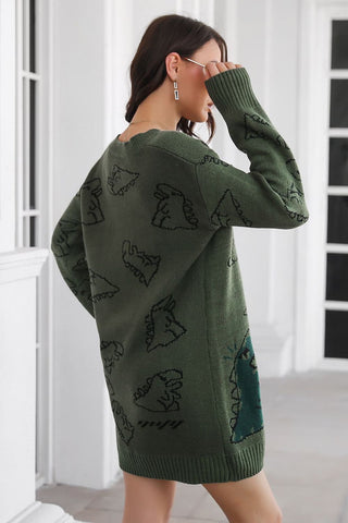 Shop Dinosaur Pattern V-Neck Sweater Dress - High-Quality U.S. Made Women’s Fashion with Free & Fast Shipping