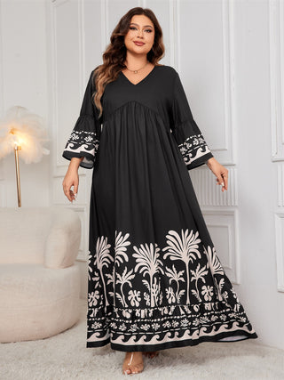 Shop Honey Plus Size Printed V-Neck Long Sleeve Maxi Dress - High-Quality U.S. Made Women’s Fashion with Free Fast Shipping