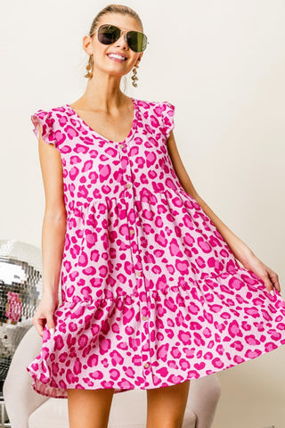 Shop Pink Fuchsia BiBi Leopard Cap Sleeve Tiered Mini Dress - High-Quality U.S. Made Women’s Fashion with Free & Fast Shipping