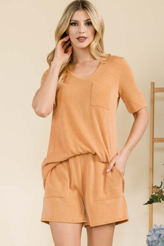 Shop APRICOT Celeste Full Size Rib Short Sleeve T-Shirt and Shorts Set - High-Quality U.S. Made Women’s Fashion with Free & Fast Shipping