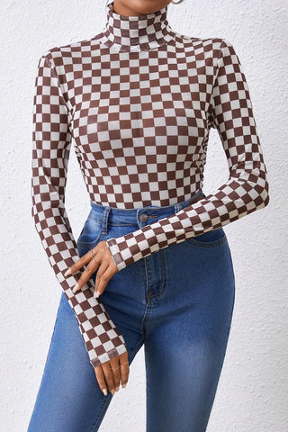 Shop Dark Brown Checkered Turtleneck Long Sleeve Bodysuit - High-Quality U.S. Made Women’s Fashion with Free & Fast Shipping