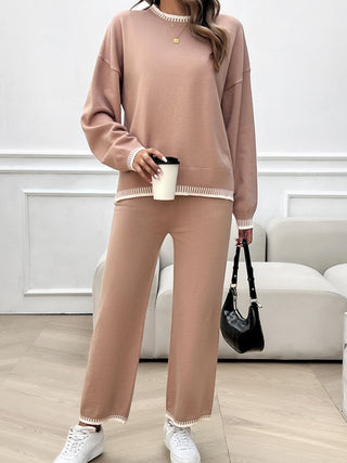 Shop Round Neck Dropped Shoulder Top and Pants Sweater Set - High-Quality U.S. Made Women’s Fashion with Free & Fast Shipping