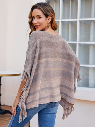 Shop Striped Boat Neck Poncho with Fringes - High-Quality U.S. Made Women’s Fashion with Free Fast Shipping