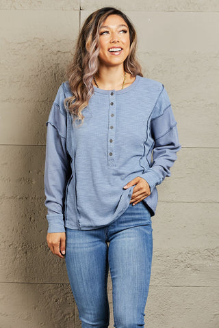 Shop Light Blue HEYSON Understand me Full Size Oversized Henley Top - High-Quality U.S. Made Women’s Fashion with Free & Fast Shipping