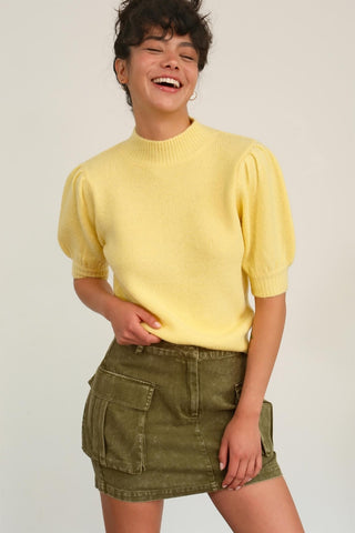 Shop Creamy Yellow HYFVE Mock Neck Puff Sleeve Sweater - High-Quality U.S. Made Women’s Fashion with Free & Fast Shipping