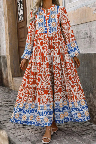 Shop Orange Printed Notched Long Sleeve Maxi Dress - High-Quality U.S. Made Women’s Fashion with Free & Fast Shipping