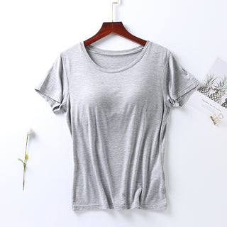 Shop Gray Plus Size Round Neck Short Sleeve T-Shirt with Bra - High-Quality U.S. Made Women’s Fashion with Free & Fast Shipping