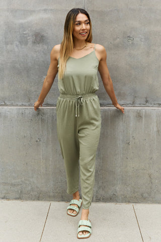 Shop ODDI Full Size Textured Woven Jumpsuit in Sage - High-Quality U.S. Made Women’s Fashion with Free & Fast Shipping