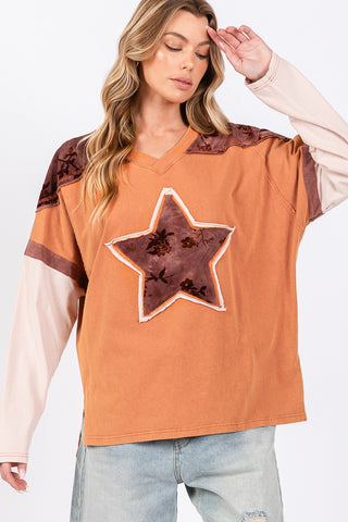 Shop SAGE + FIG Star Patch Long Sleeve Color Block T-Shirt - High-Quality U.S. Made Women’s Fashion with Free & Fast Shipping