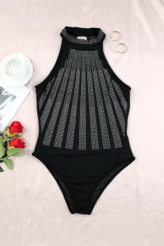 Shop Rhinestone Detail Halter Neck Bodysuit - High-Quality U.S. Made Women’s Fashion with Free & Fast Shipping