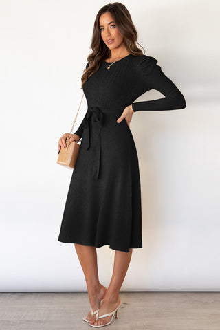 Shop Round Neck Long Sleeve Tie Waist Sweater Dress - High-Quality U.S. Made Women’s Fashion with Free Fast Shipping