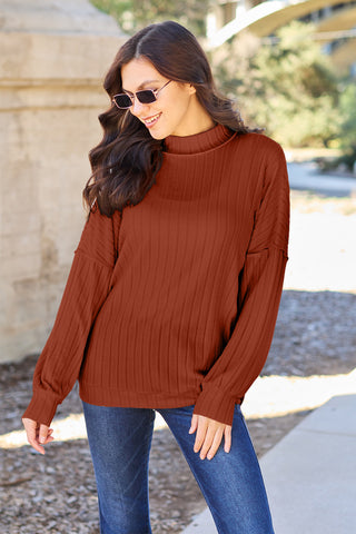 Shop Basic Bae Full Size Ribbed Exposed Seam Mock Neck Knit Top - High-Quality U.S. Made Women’s Fashion with Free & Fast Shipping