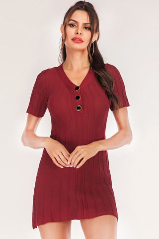 Shop Burgundy One Size Buttoned Short Sleeve V-Neck Knit Dress - High-Quality U.S. Made Women’s Fashion with Free & Fast Shipping