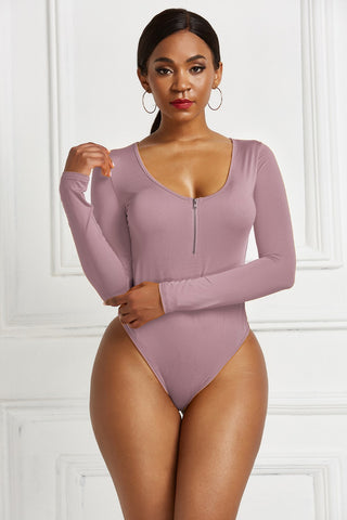 Shop Dusty Pink Half Zip Scoop Neck Long Sleeve Bodysuit - High-Quality U.S. Made Women’s Fashion with Free & Fast Shipping