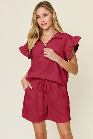 Shop Deep Red Double Take Full Size Texture Flounce Sleeve Top and Drawstring Shorts Set - High-Quality U.S. Made Women’s Fashion with Free & Fast Shipping