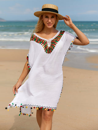 Shop White One Size Tassel V-Neck Short Sleeve Cover Up - High-Quality U.S. Made Women’s Fashion with Free & Fast Shipping